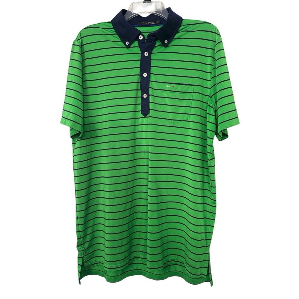 RLX Ralph Lauren Golf Polo Short Sleeve Shirt Green Navy Striped Wicking UV L
